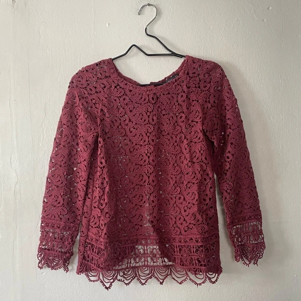 Zara Crochet Lace Eyelet Blouse See Through Maroon Top Women’s Size XS